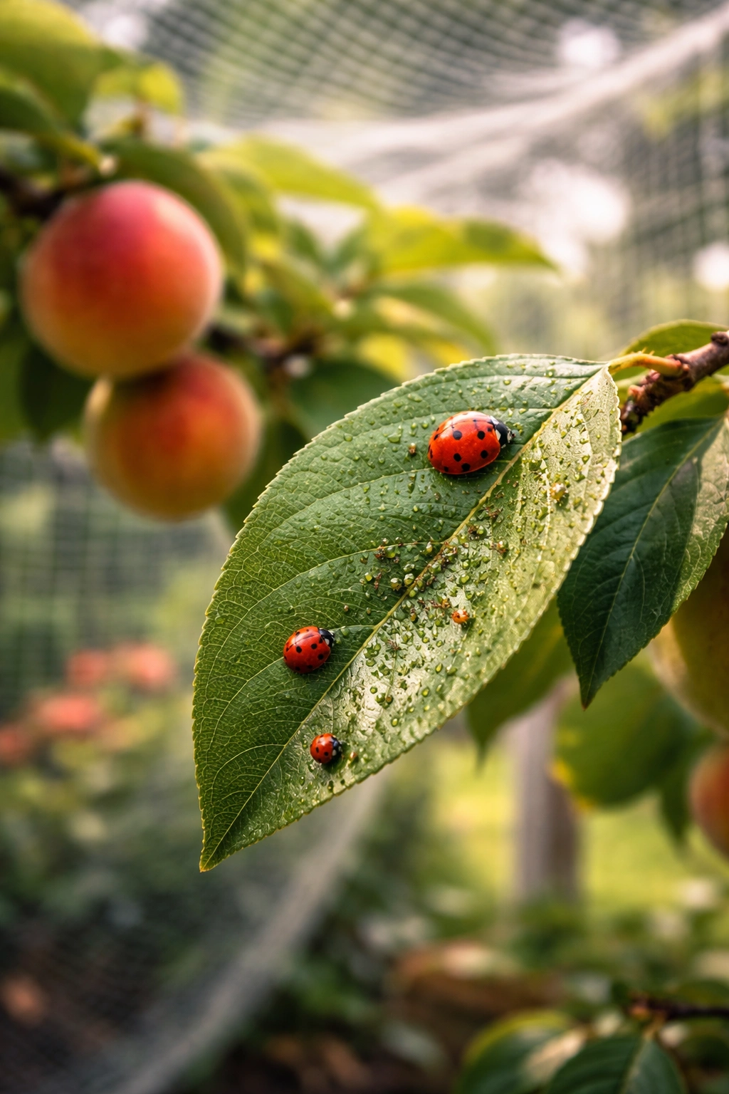 Leaf with ladybugs demonstrating pest management in a fruit garden
