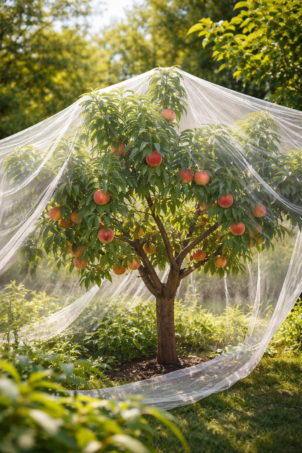 Fruit tree canopy protected by netting for pest management