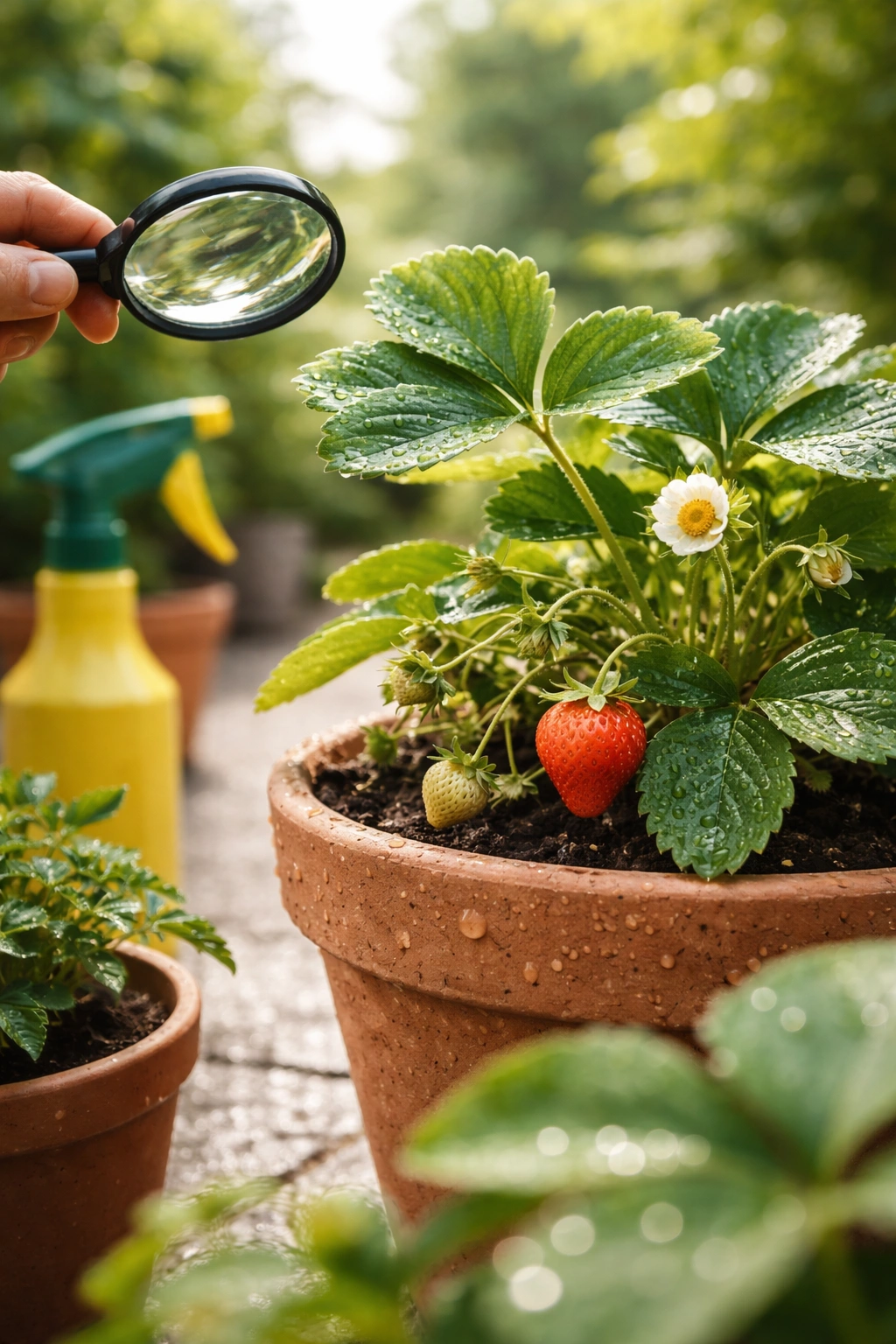 Healthy leaves on a potted fruit plant with dew droplets