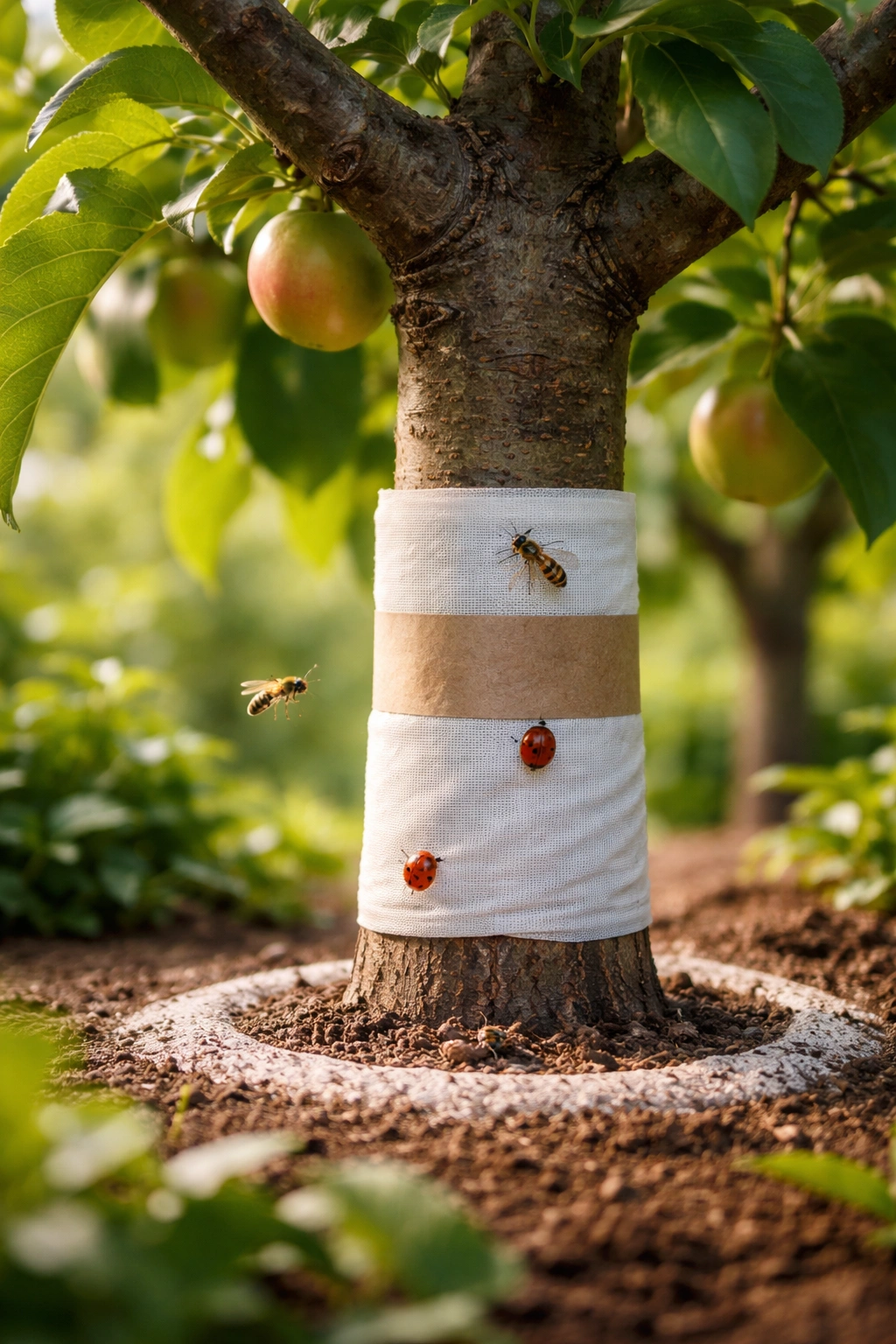 Trunk wrapped for pest protection on a healthy fruit tree.