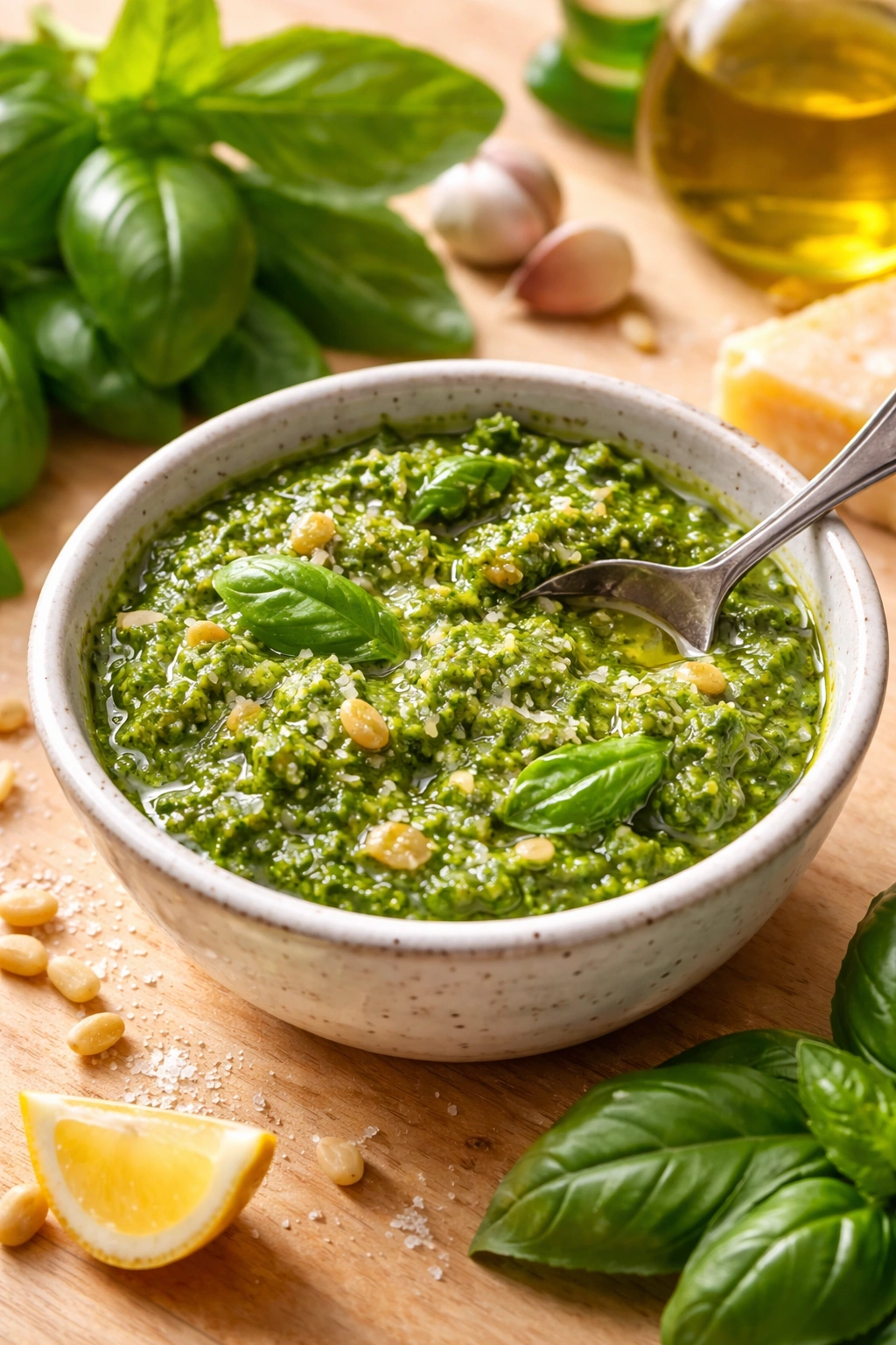 Close-up of chunky green pesto in a small ceramic bowl