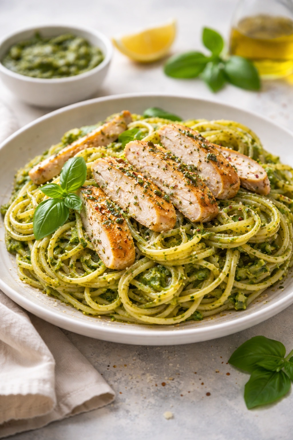 Pesto pasta with chicken in bright green coating