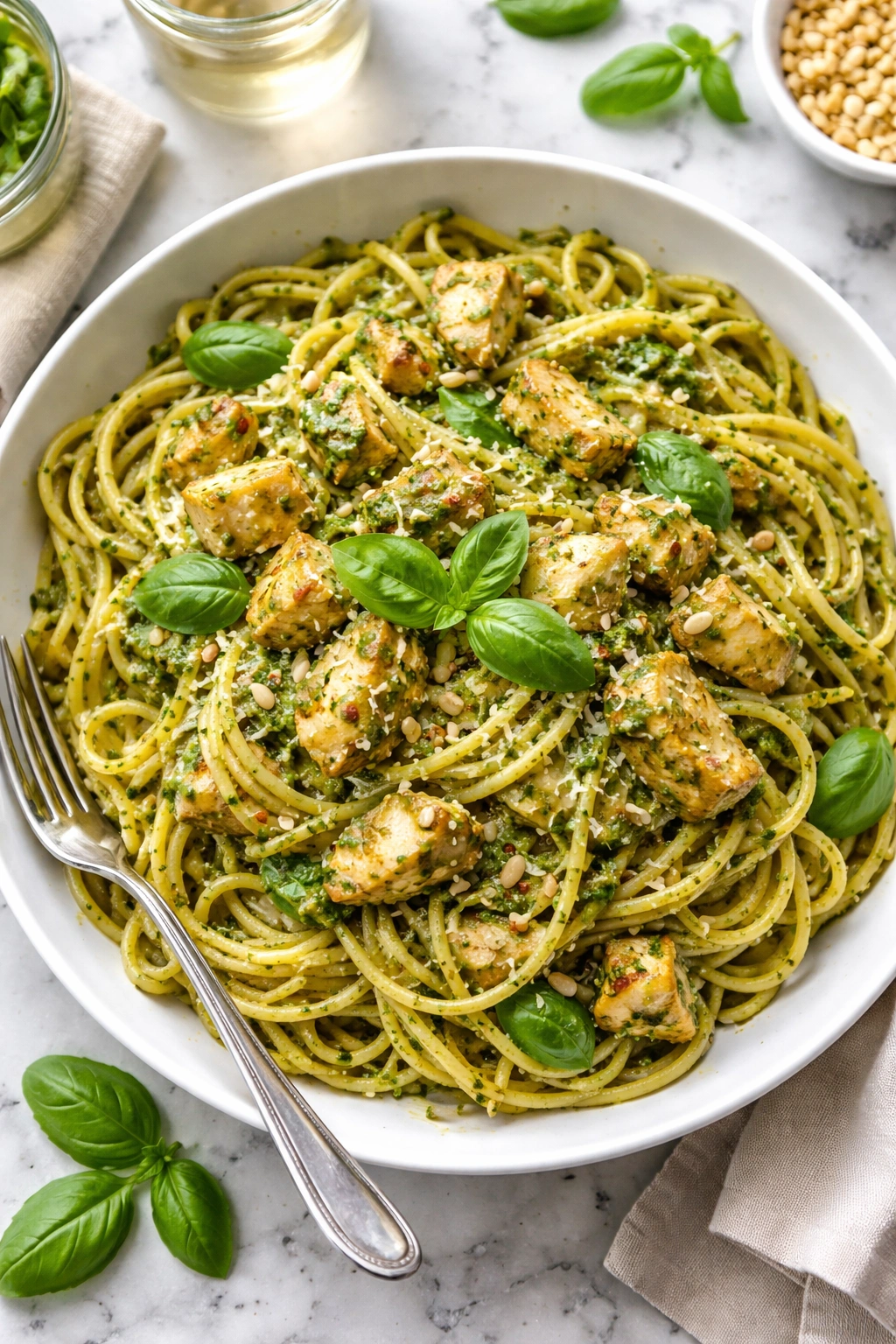 Pesto chicken pasta with glossy sauce on plate