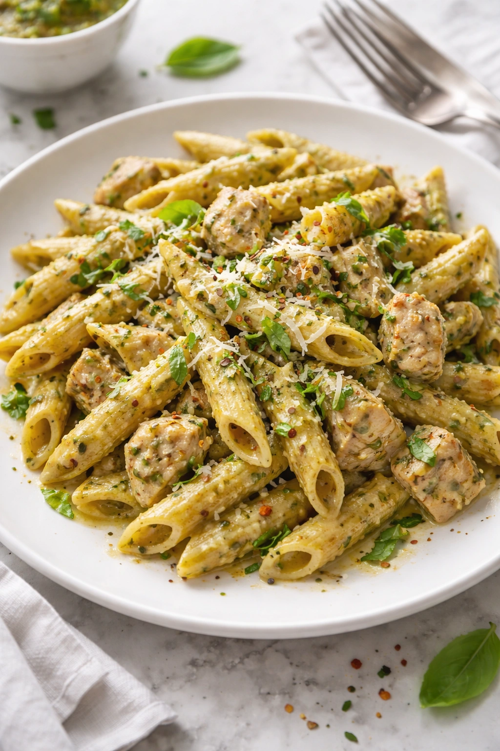 Finished plate of creamy pesto chicken pasta ready to serve