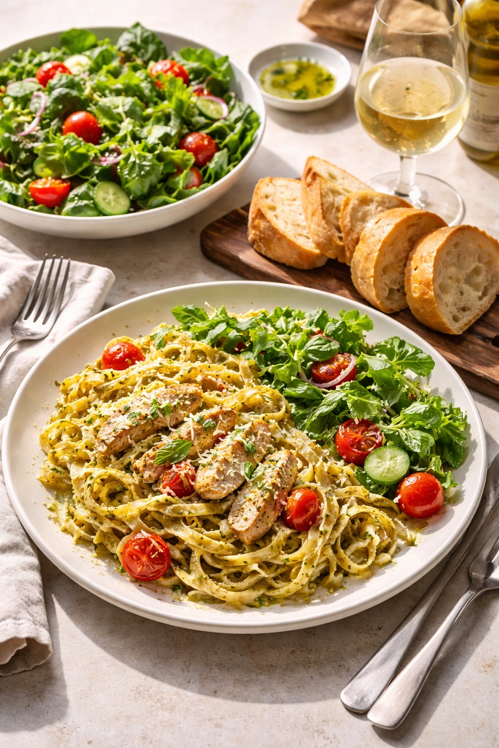 Plated creamy pesto chicken pasta with side salad