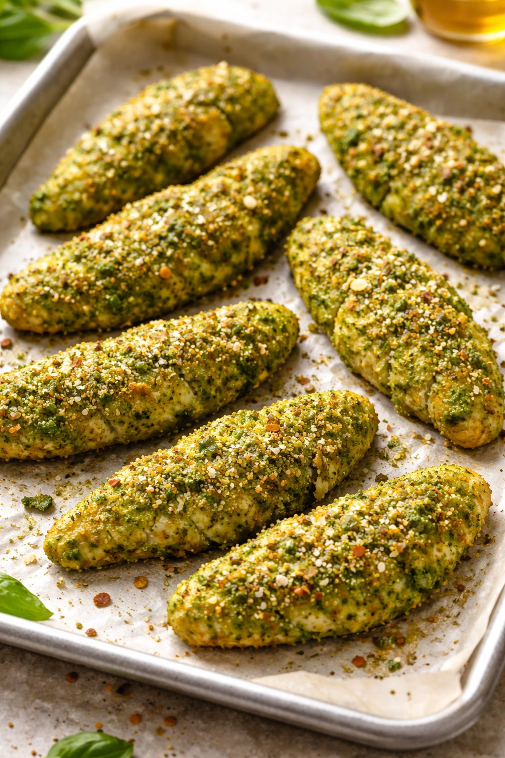 Close-up of pesto crusted chicken tenders on parchment