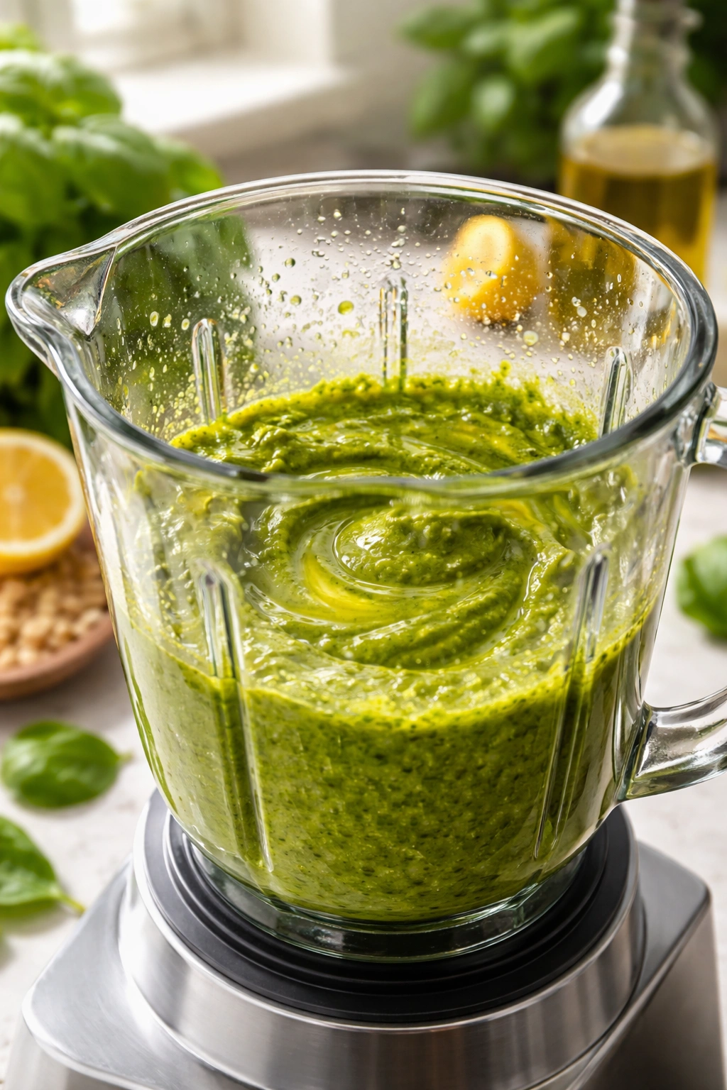 Close-up of pesto emulsification in blender, oil separating and re-emulsifying