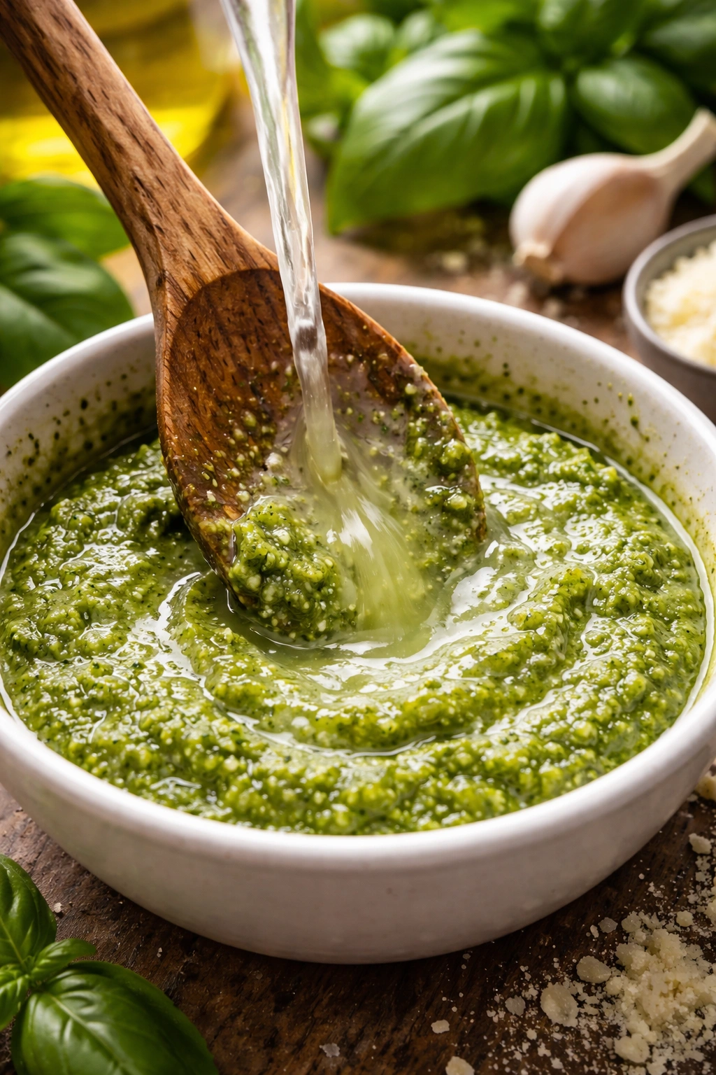 Spoon emulsifying pesto with pasta water for creamy sauce