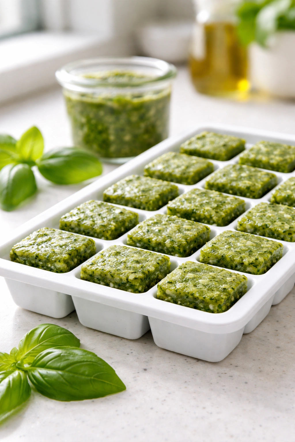 Pesto ice cubes on counter with basil leaves