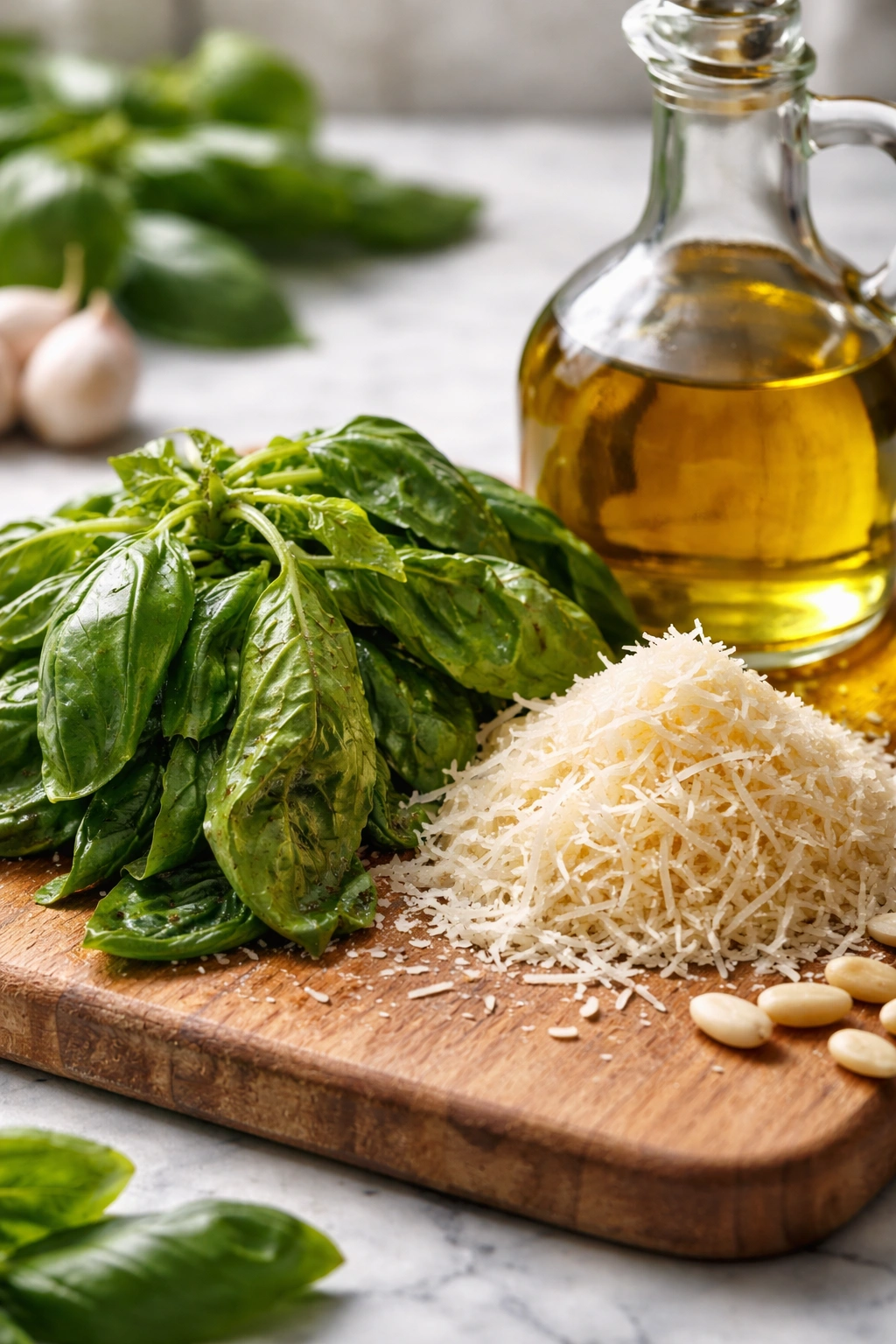 Wilted basil with pre-grated cheese and oil bottle illustrating pesto mistakes