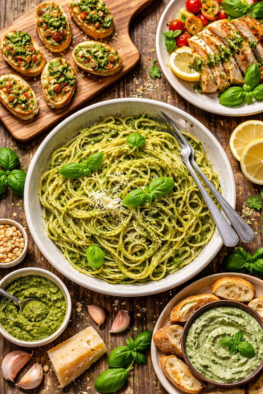 Plate of pasta with basil pesto ready to serve
