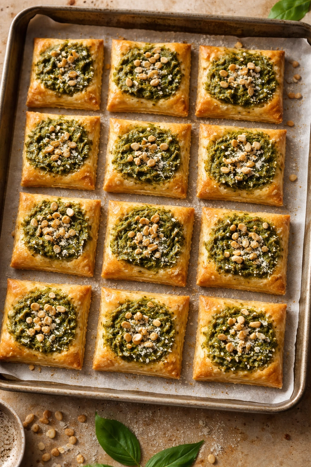Pesto-topped puff pastry squares on parchment