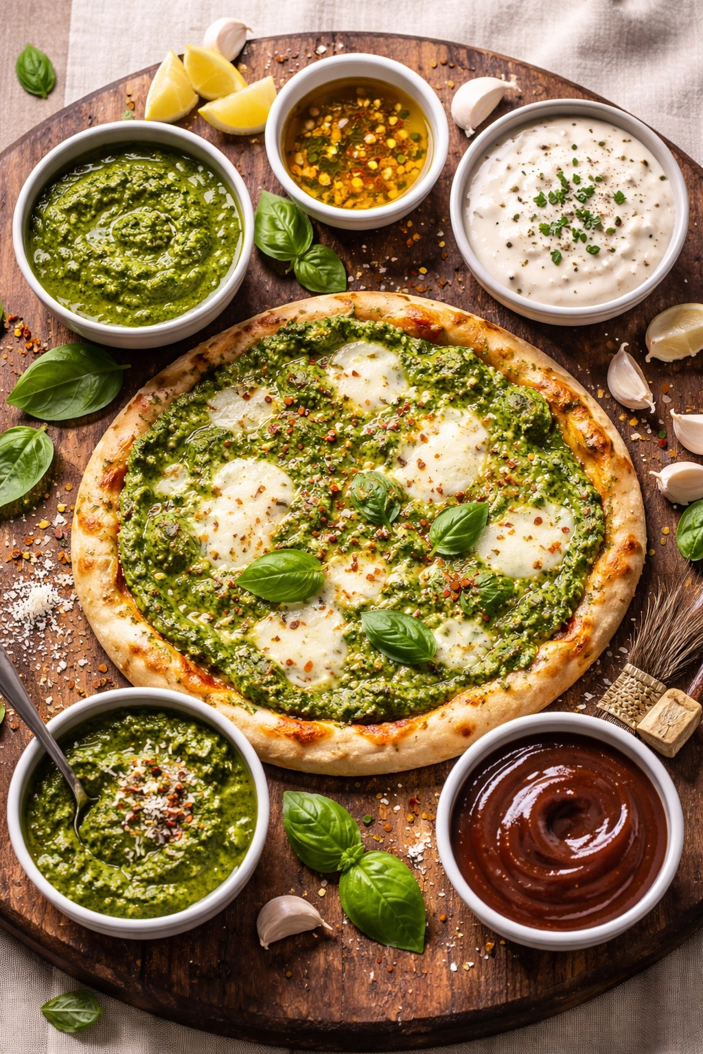 Pizza base with vibrant green pesto sauce and melted mozzarella