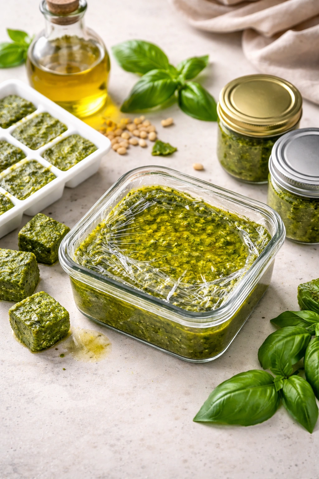 Airtight pesto container with oil layer demonstrating storage and freezing tips