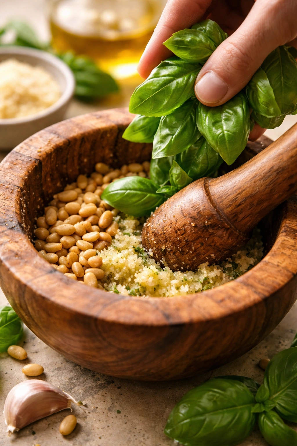 Mortar and pestle with garlic paste and toasted nuts