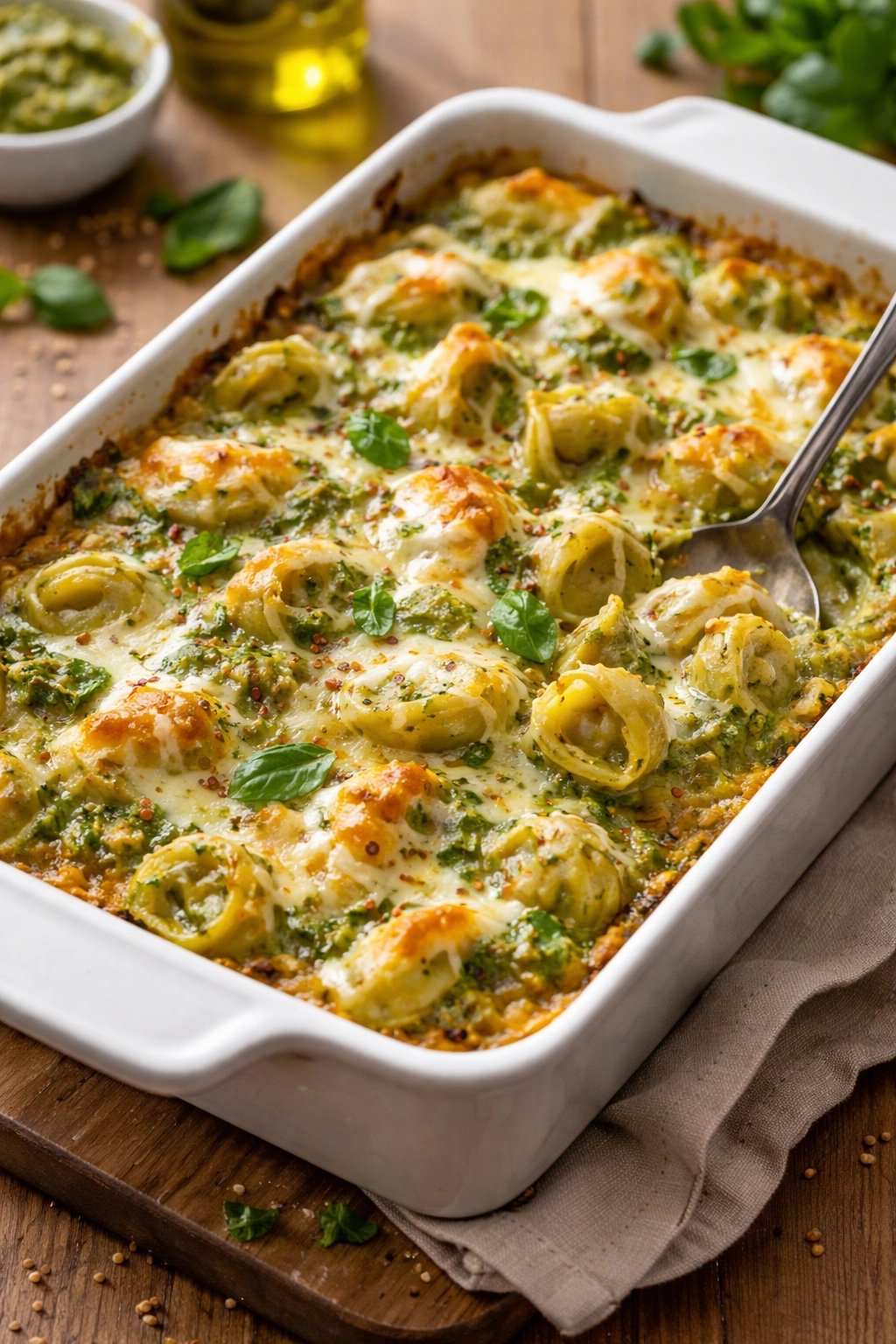 Golden baked pesto tortellini with melted mozzarella on top