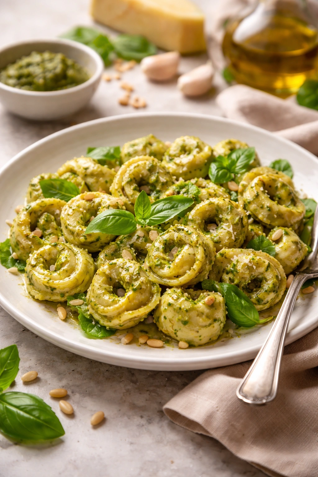 Pesto tortellini plated elegantly with vibrant green pesto.