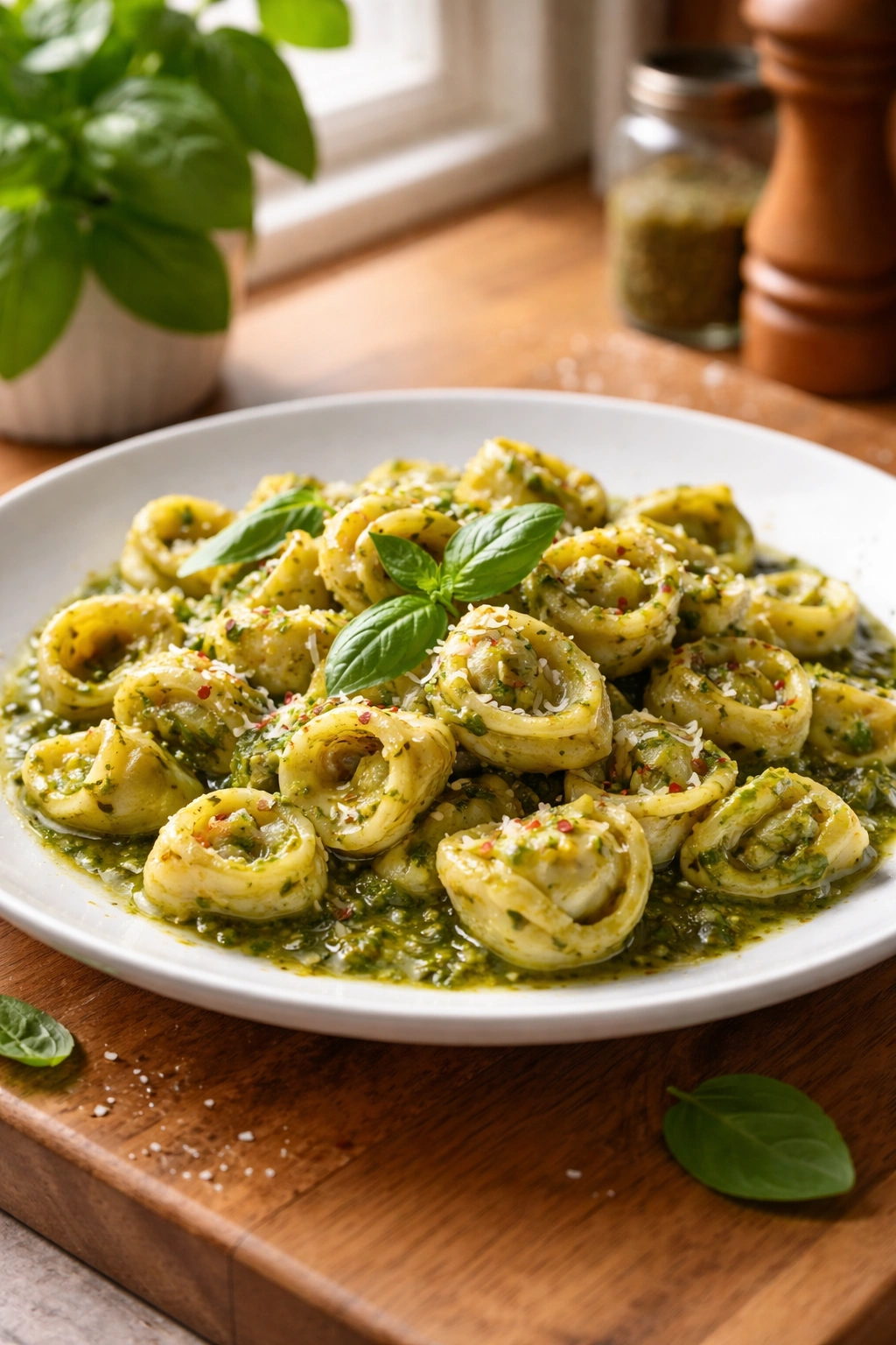 Close-up of pesto tortellini on plate with glossy green sauce, highlighting quick dinner efficiency