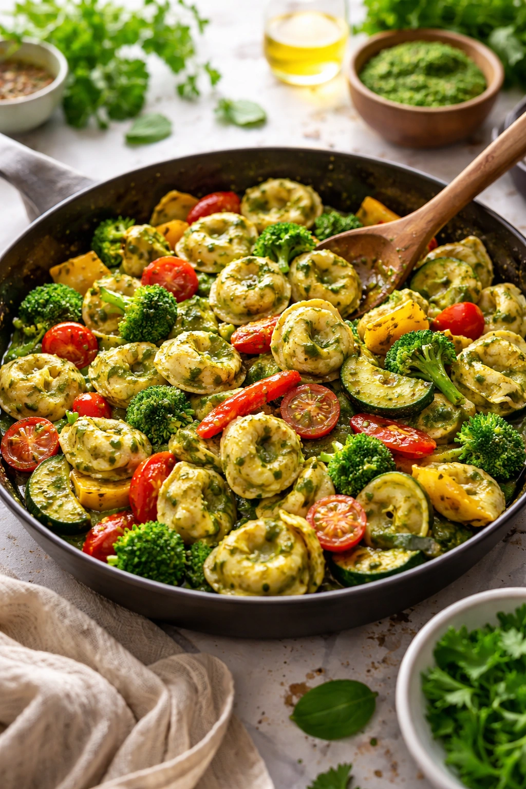 Tortellini with pesto and vegetables in skillet