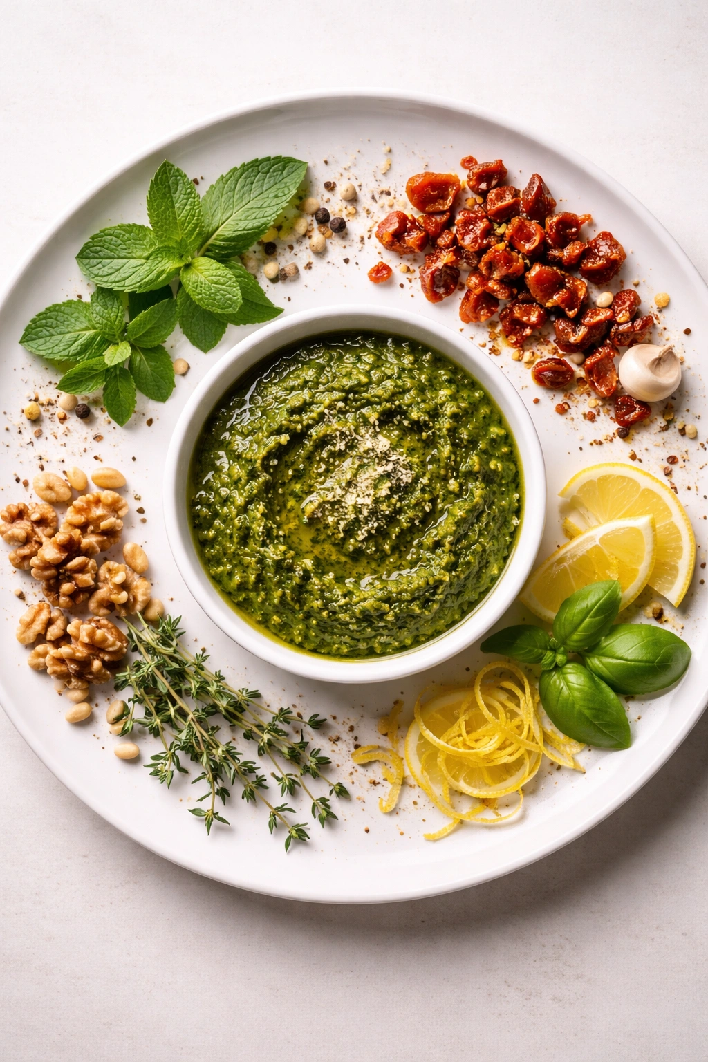 Bowl of basil pesto with mint, lemon zest, and sun-dried tomato garnishes showing variations