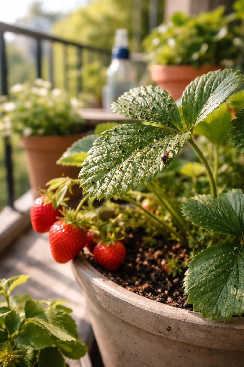 Container plant leaves with aphids on a fruit plant
