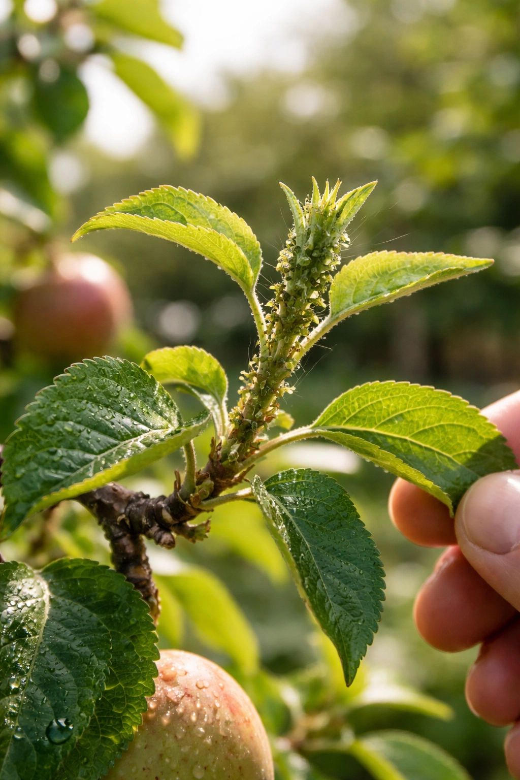 Branch with healthy leaves and small aphids illustrating pest monitoring