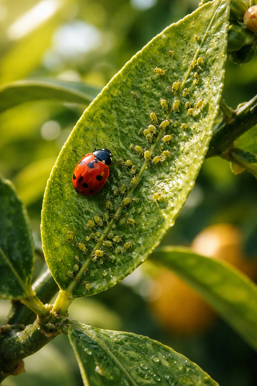 Macro of citrus leaf with aphids and a ladybug
