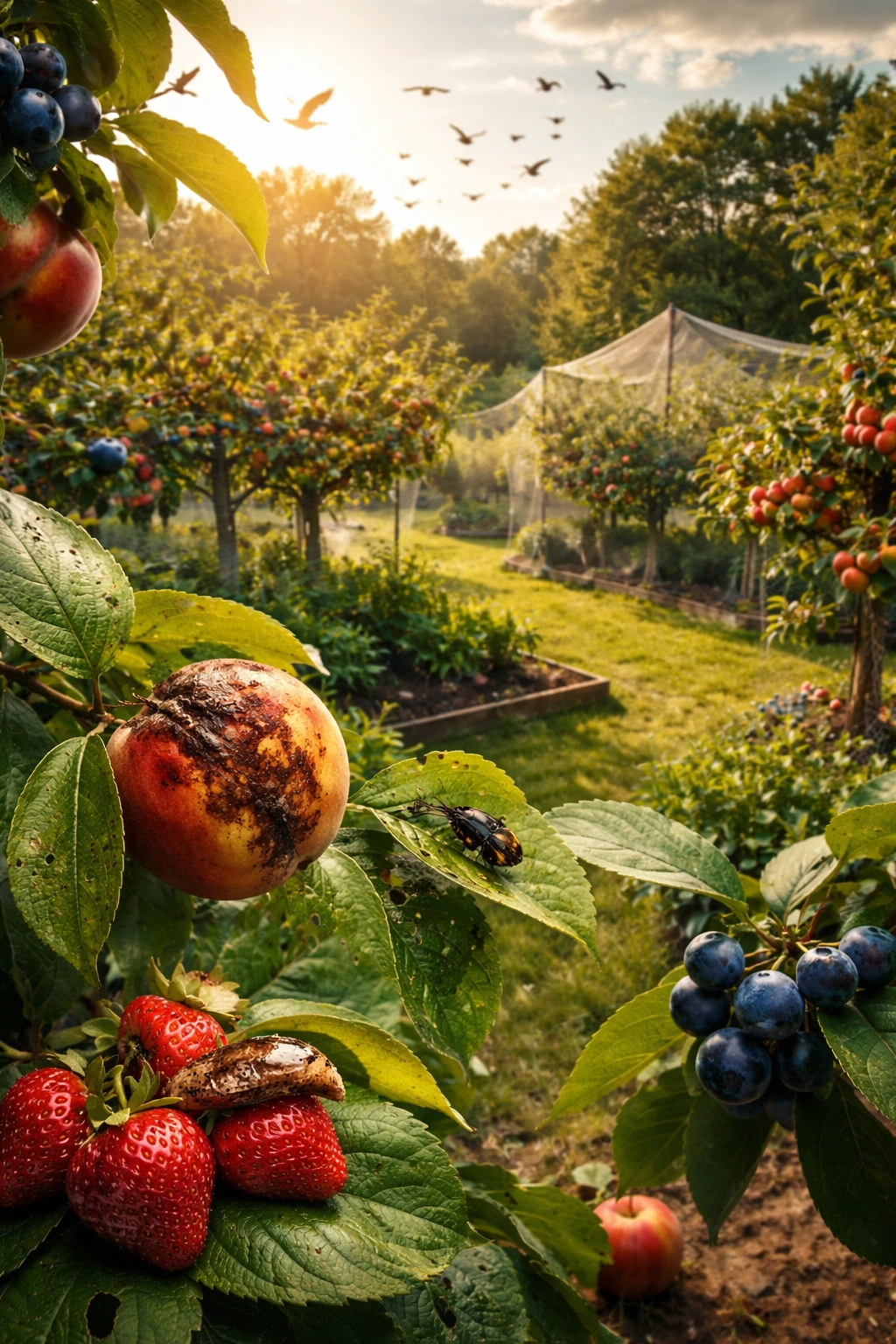 Broad backyard orchard showing modern fruit garden protection challenges with pests, disease signs, and wildlife threats
