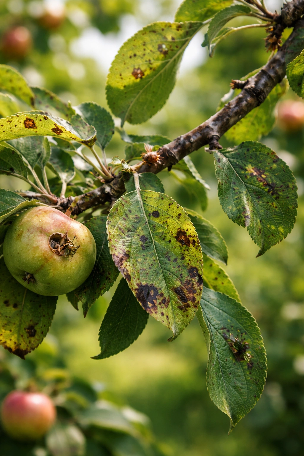 Close-up of apple tree leaves with spots indicating pests or disease