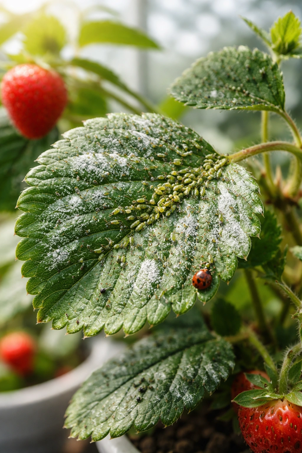 Leaf with aphids and powdery mildew on a container fruit plant