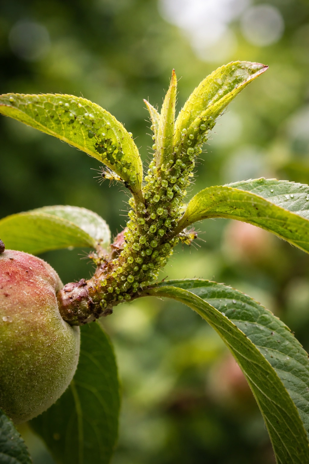 Close-up of aphids on a fruit leaf in a garden