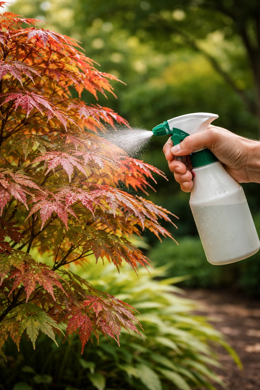 Japanese maple being sprayed to protect against pests on healthy leaves