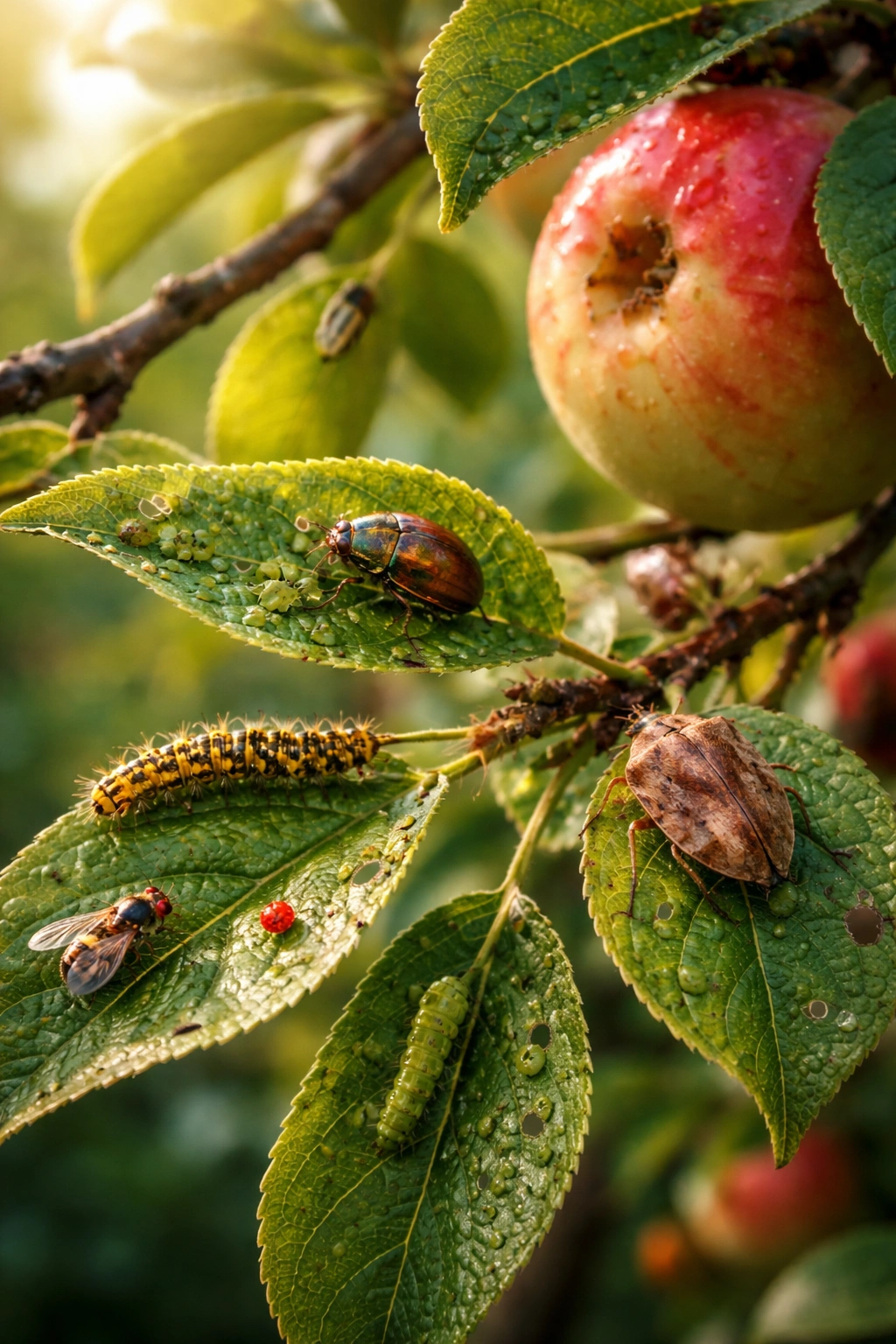 Close-up of diverse local pests around fruit tree illustrating pest identification and regional threats
