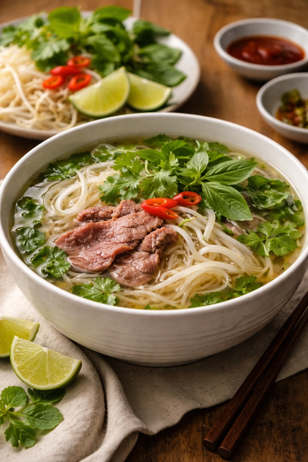 Steaming pho with noodles and herbs in a bowl