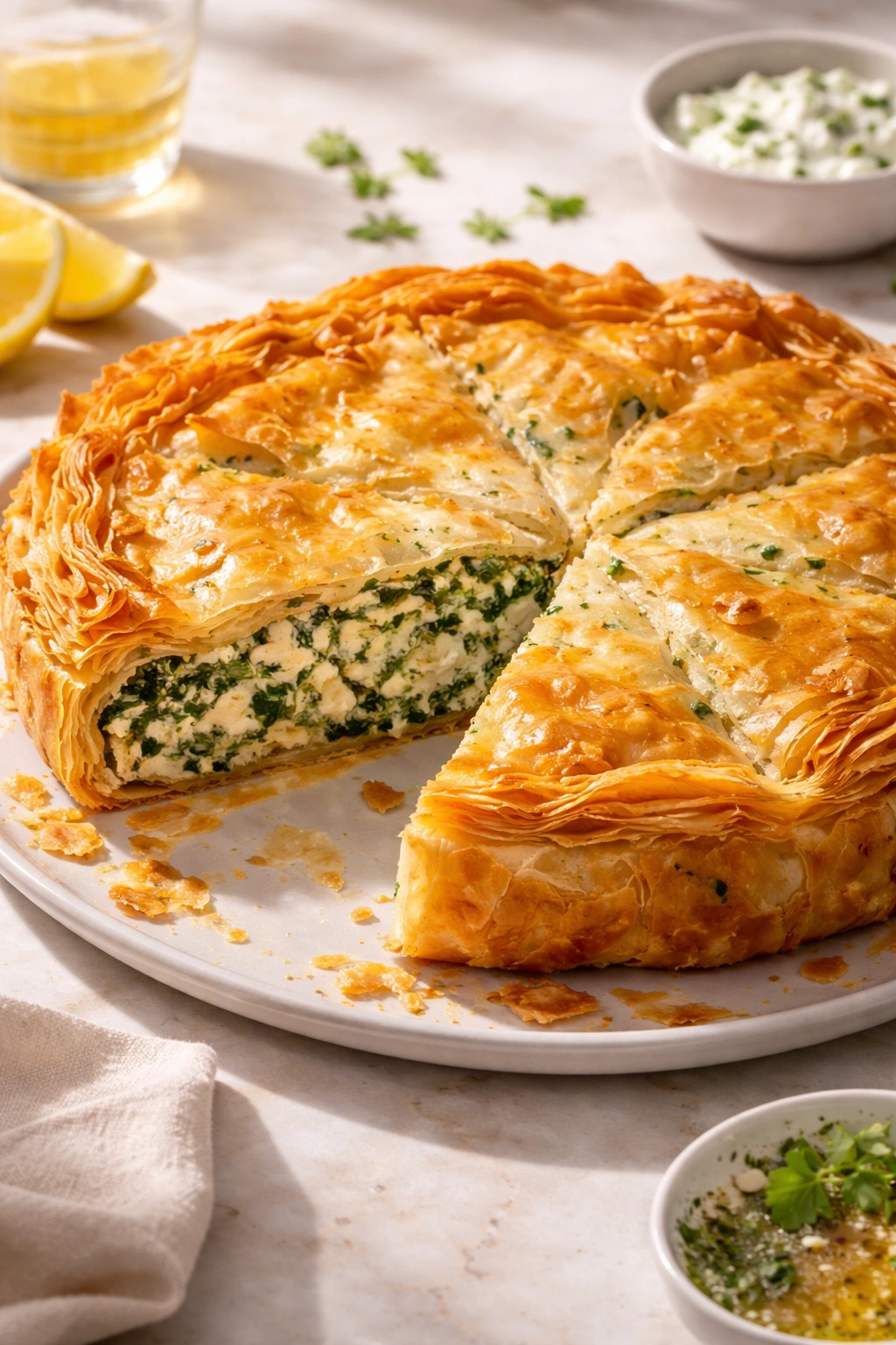 Wedge of baked feta and vegetable phyllo pie with flaky layers