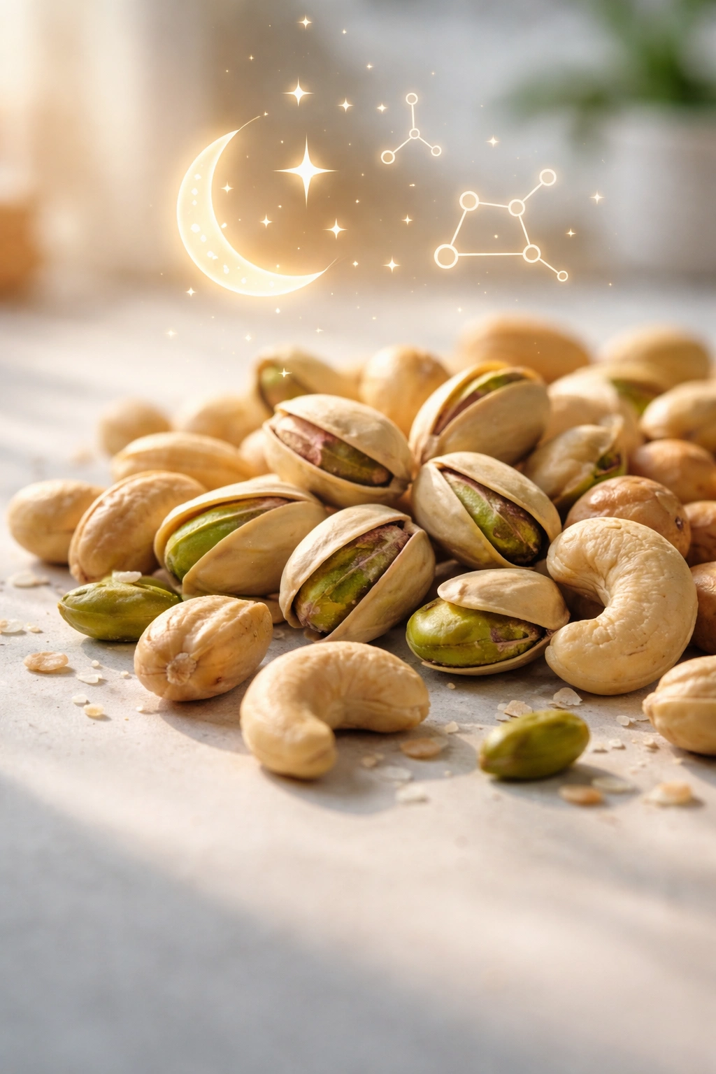 Close-up of pistachios and cashews implying balance of sleep hormones.