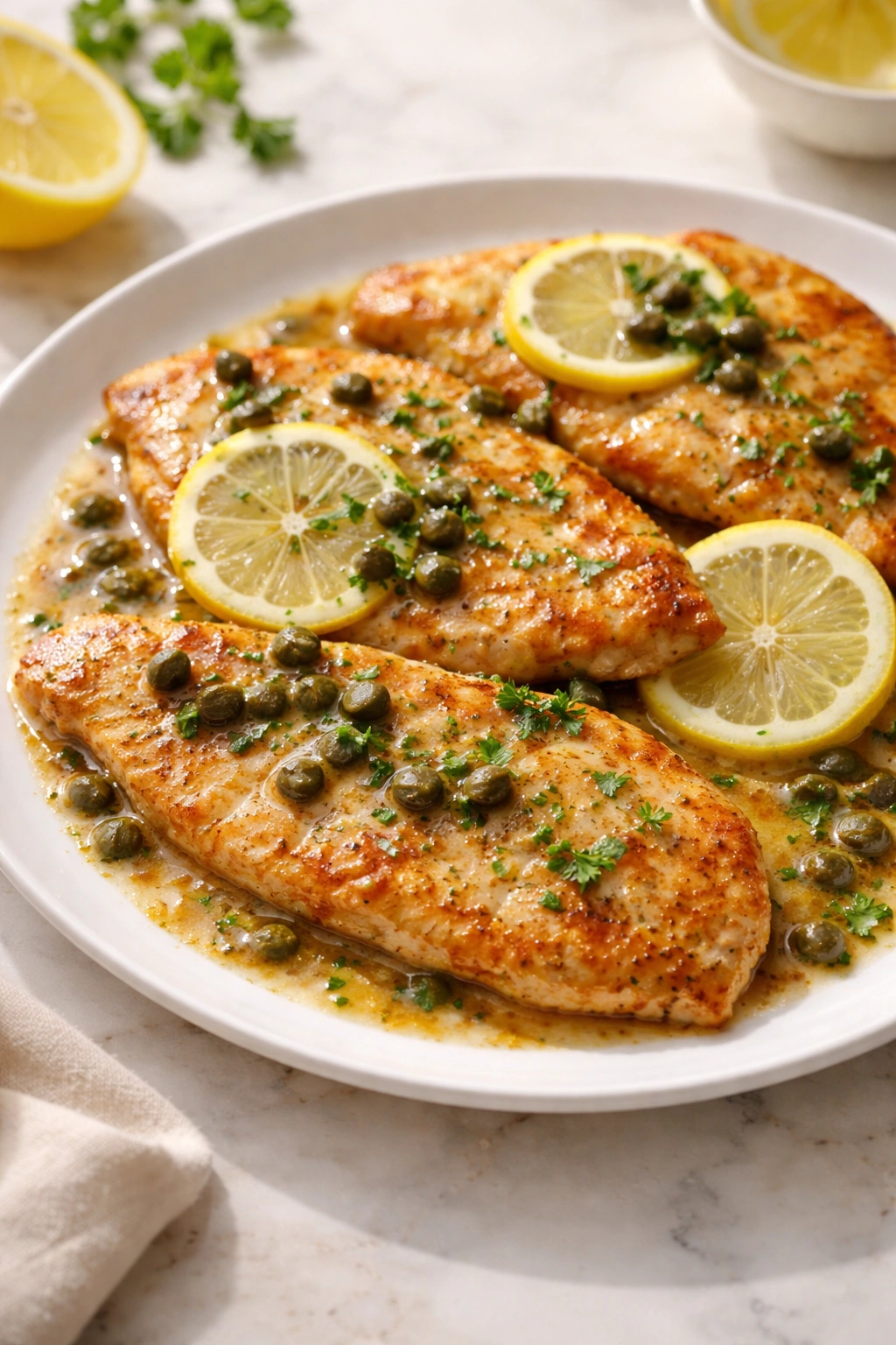 Chicken Piccata with Lemon and Capers plated with bright lemony sauce