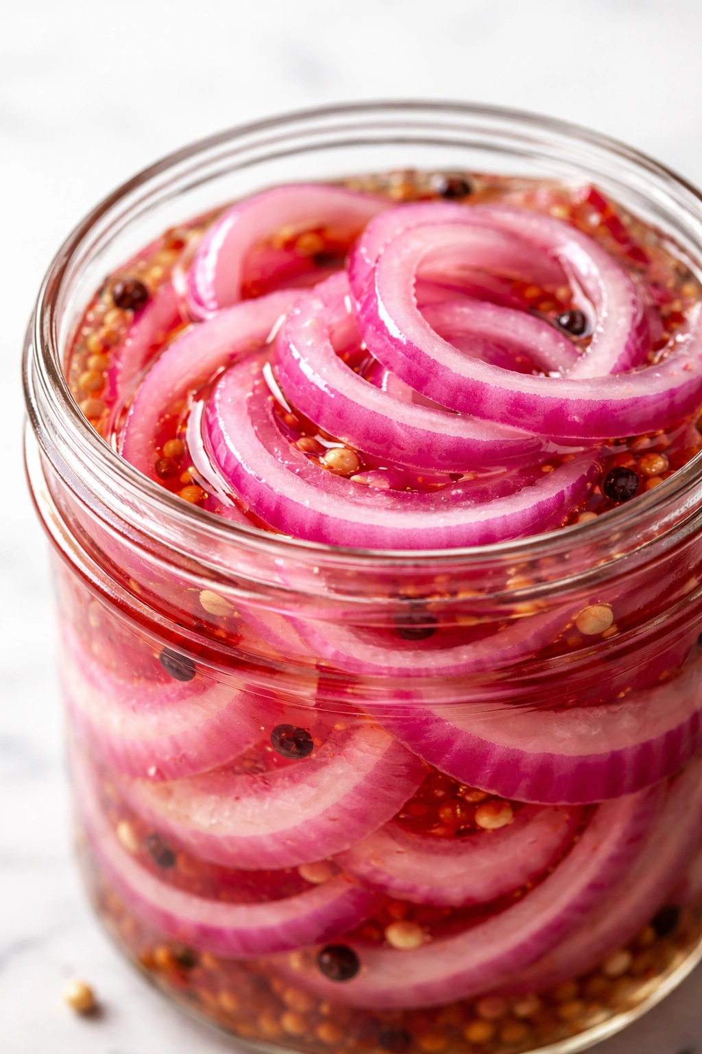 Close-up of glossy pickled onion slices in a glass jar with brine, showcasing purple-red color.