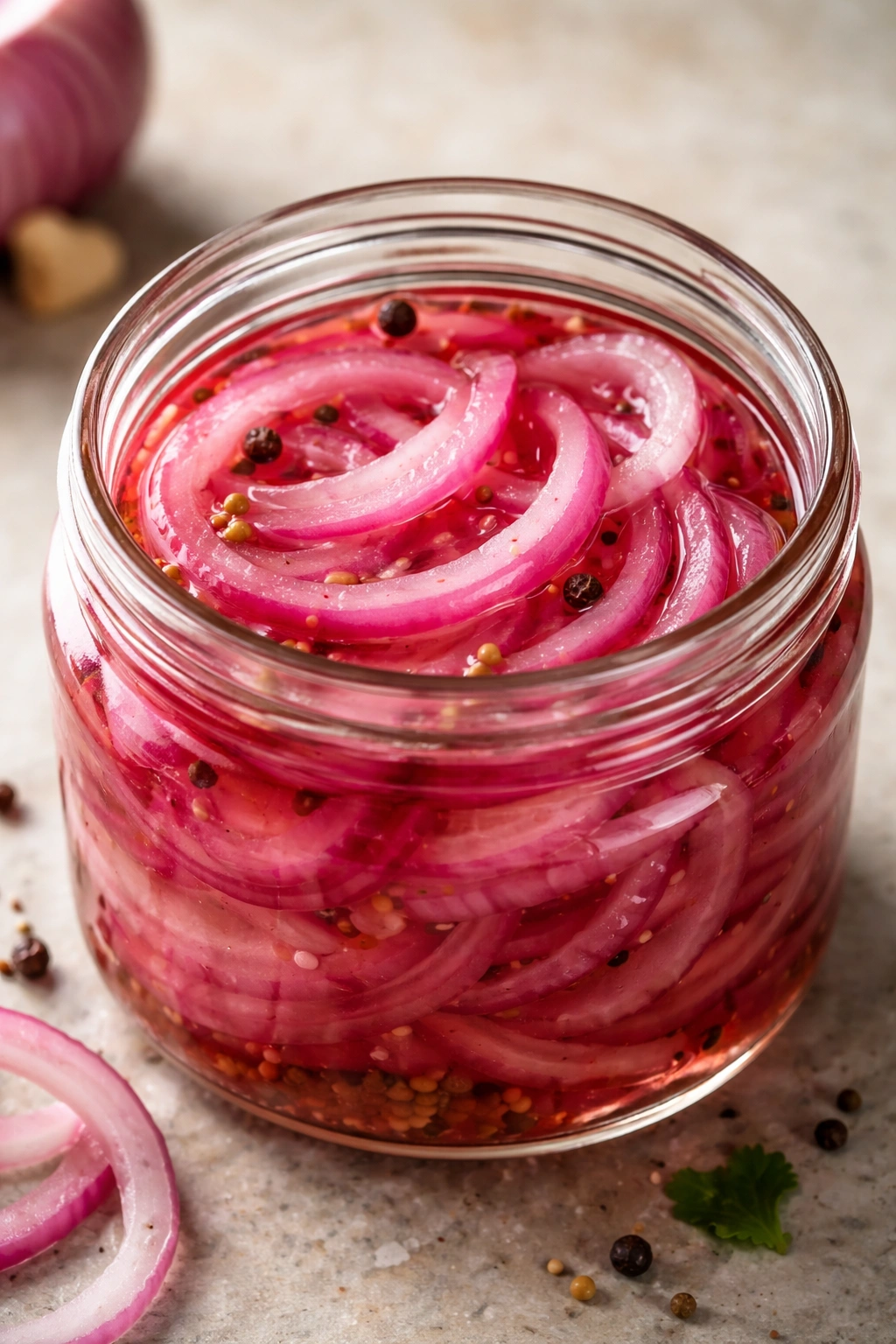 Close-up of brined pickled onion slices in a glass jar.