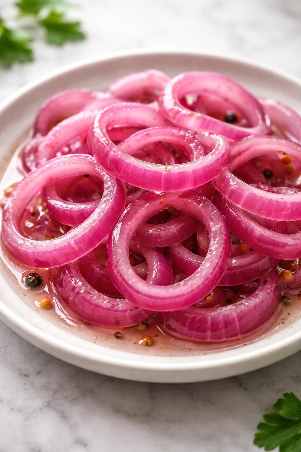 Glossy pickled onion rings on a plate with vibrant color