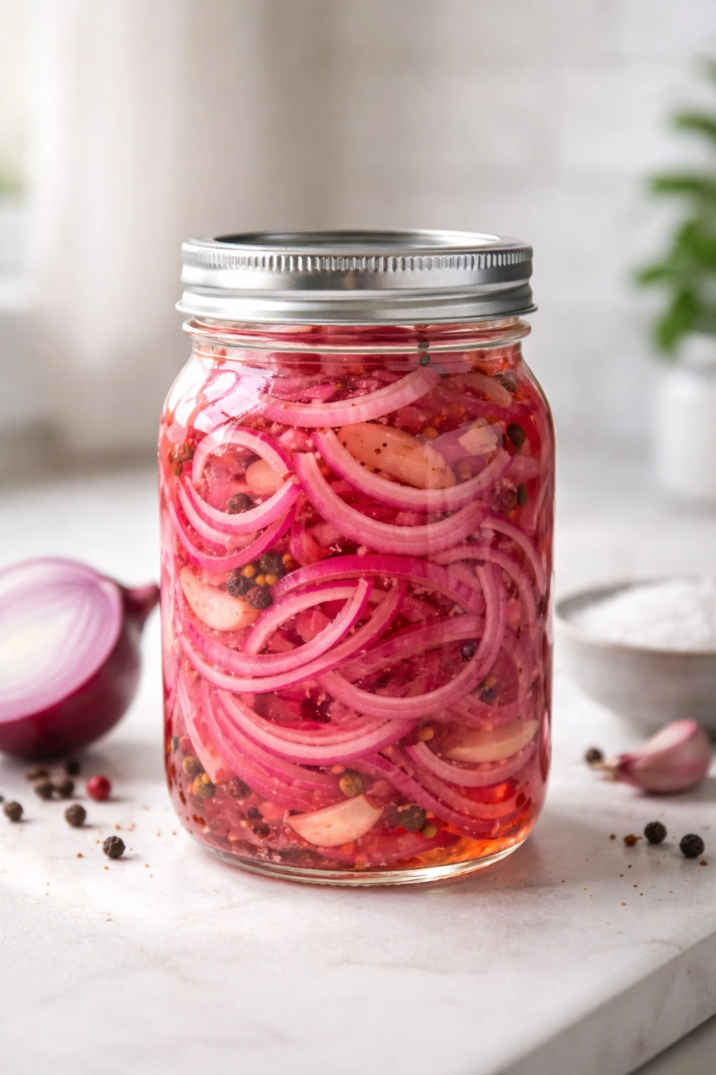 Glass jar of pickled onions with vibrant purple slices in brine on a white background.