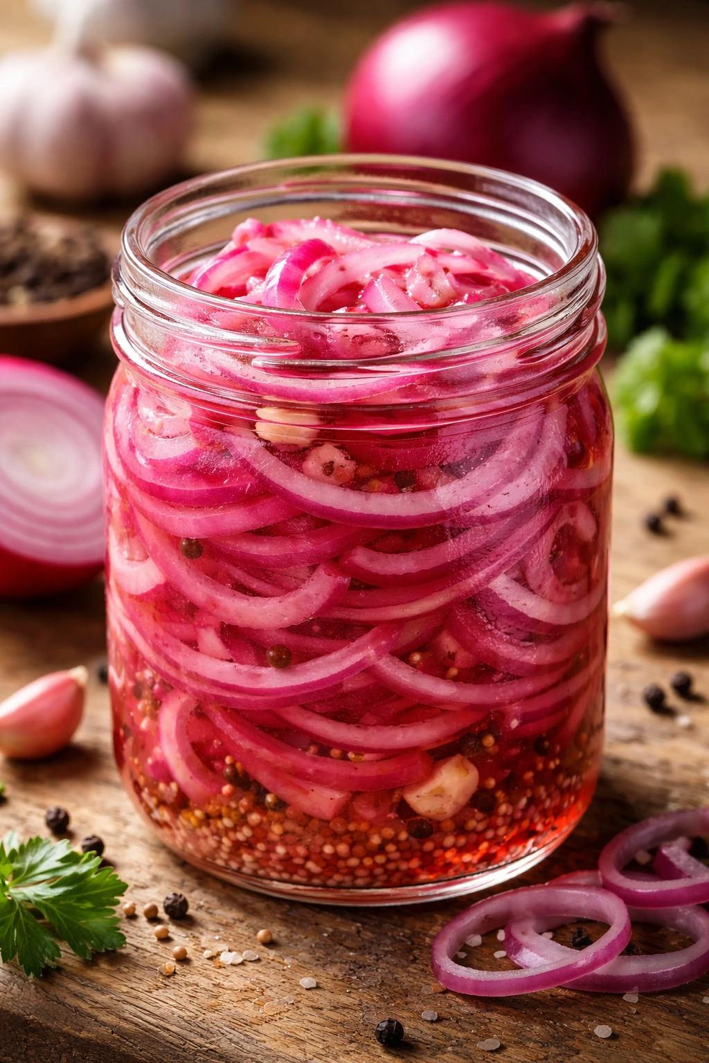 Glass jar of pickled onions with brine and purple slices.