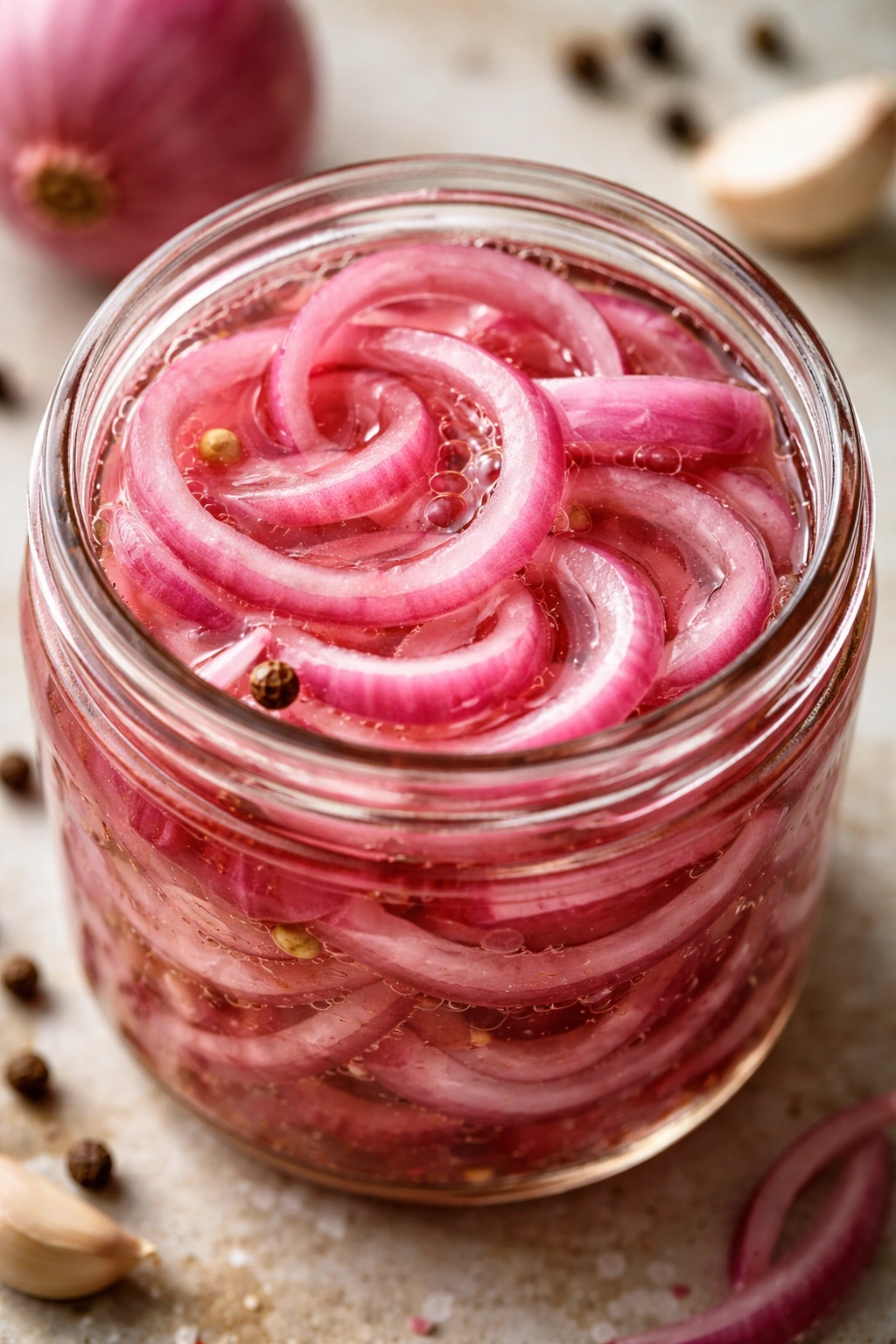 Fermented pickled onions in brine inside a glass jar.