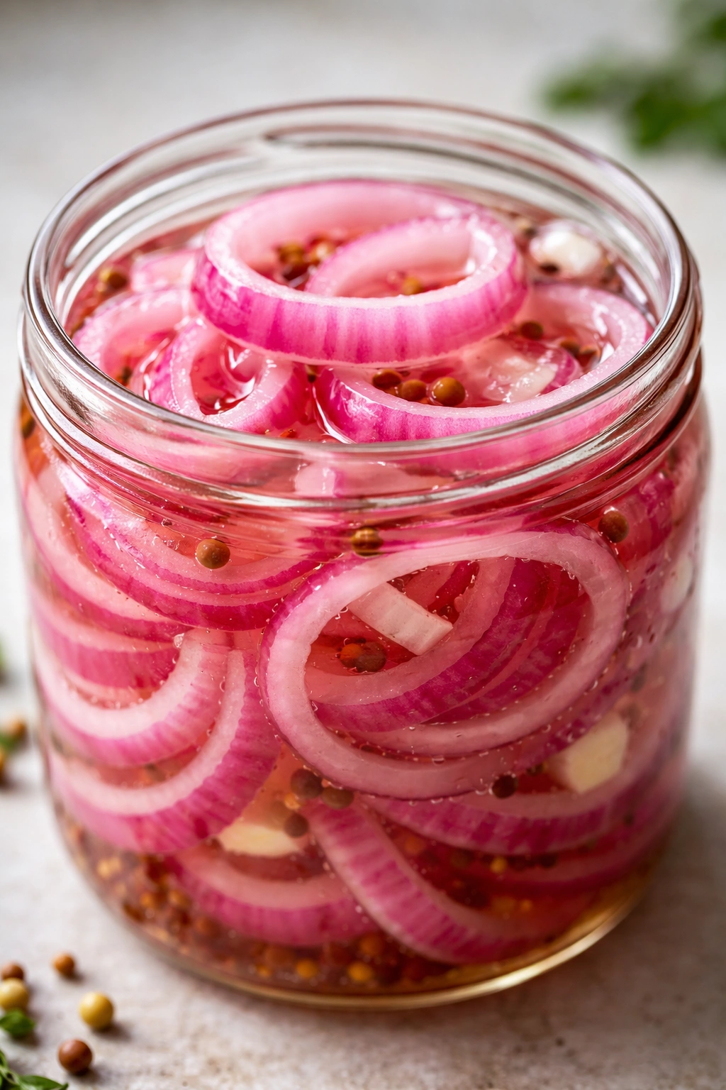 Macro shot of brined pickled onion rings in a glass jar.