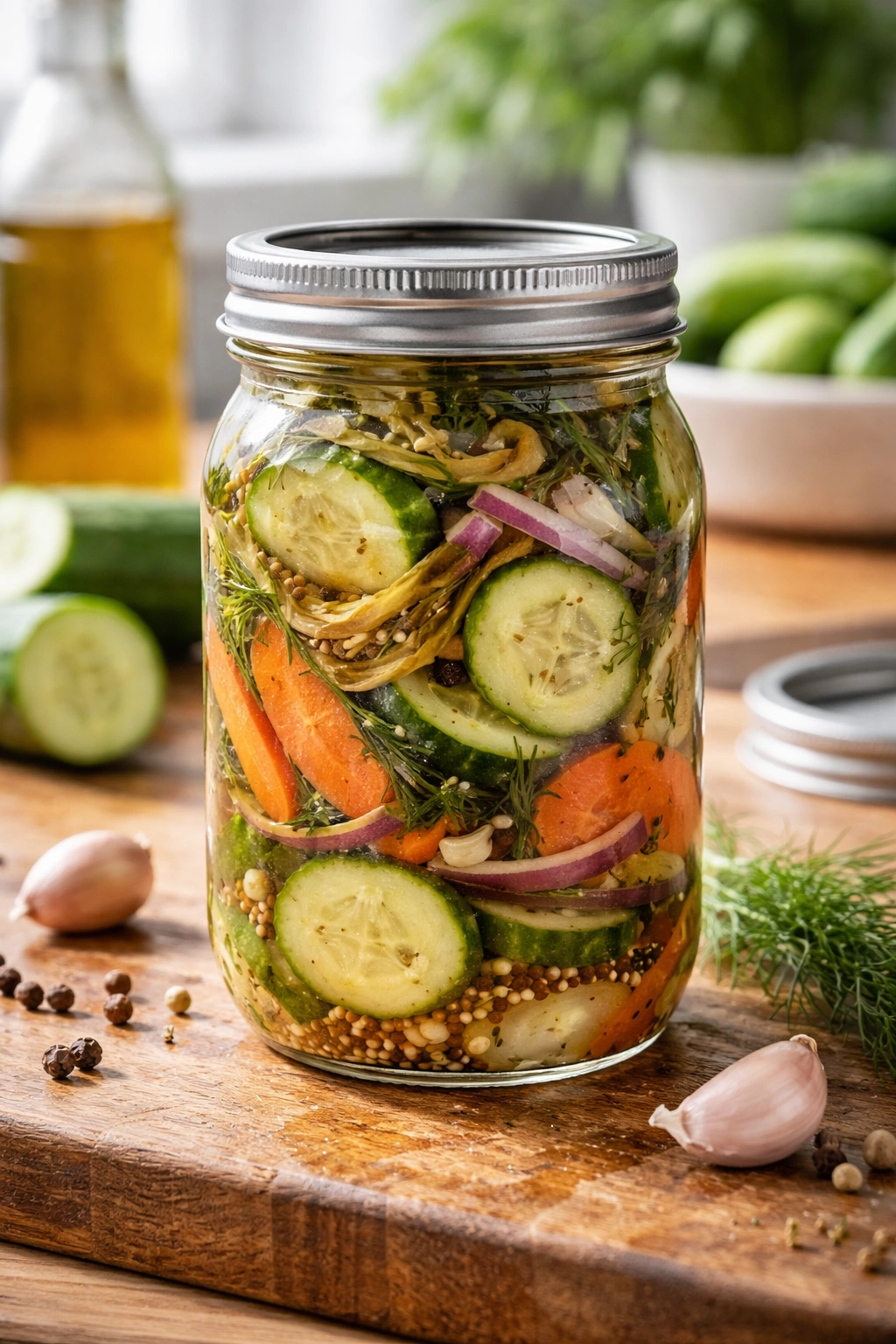 Close-up of a glass jar of pickled vegetables showing wilted and crisp slices to illustrate common mistakes