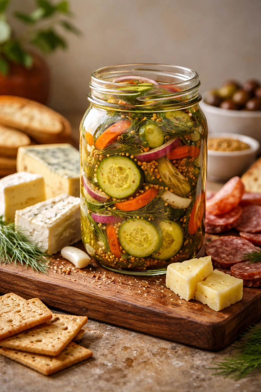 Jar of pickles on a board with cheese suggesting serving pairings
