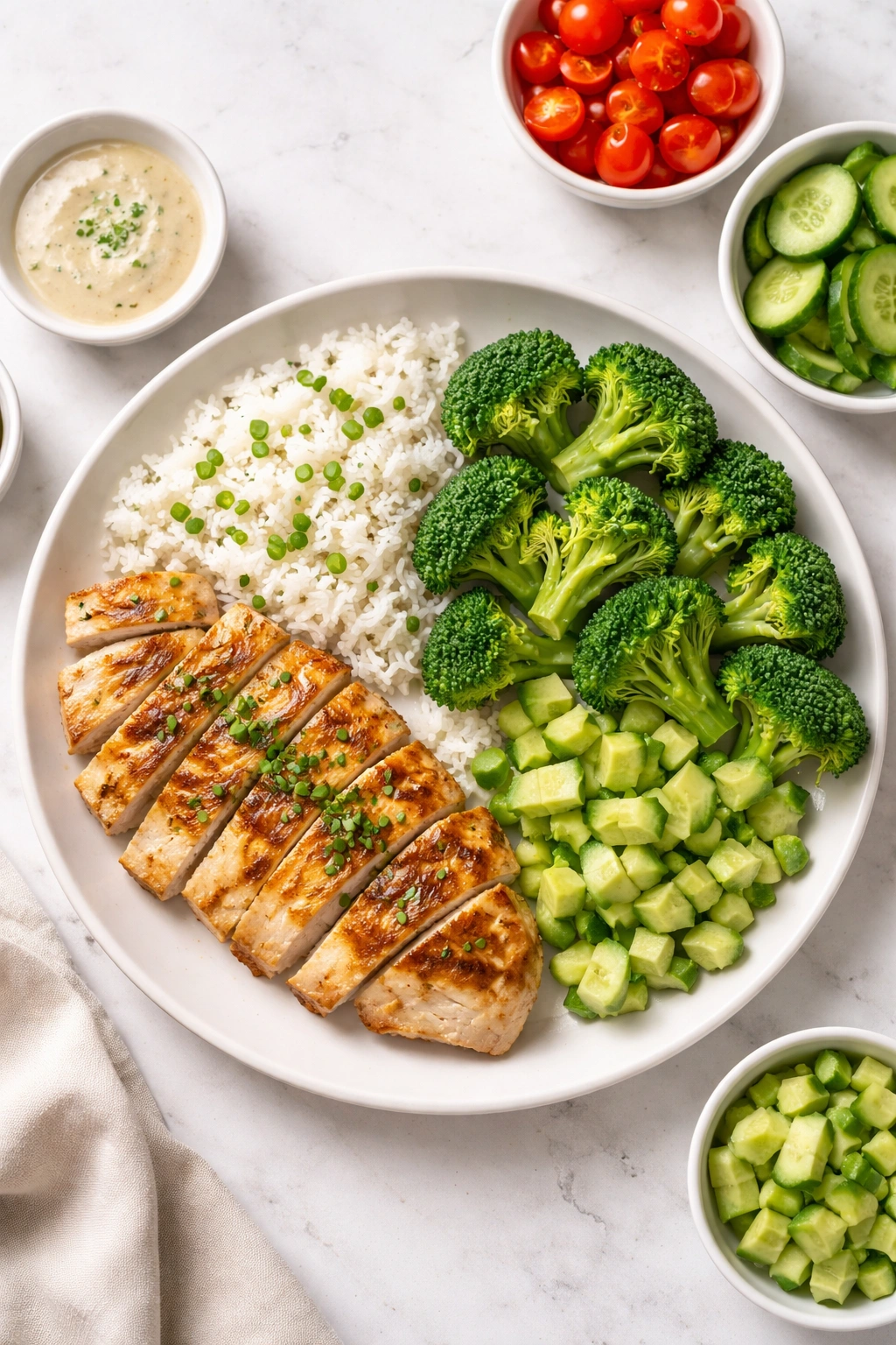 Plate with chicken, rice, and broccoli in separate sections