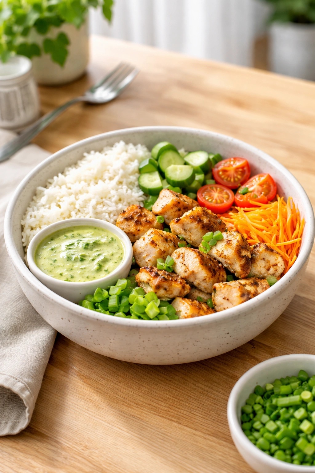Chicken rice bowl with separated sections for rice, chicken, vegetables, and sauce, illustrating picky eaters.