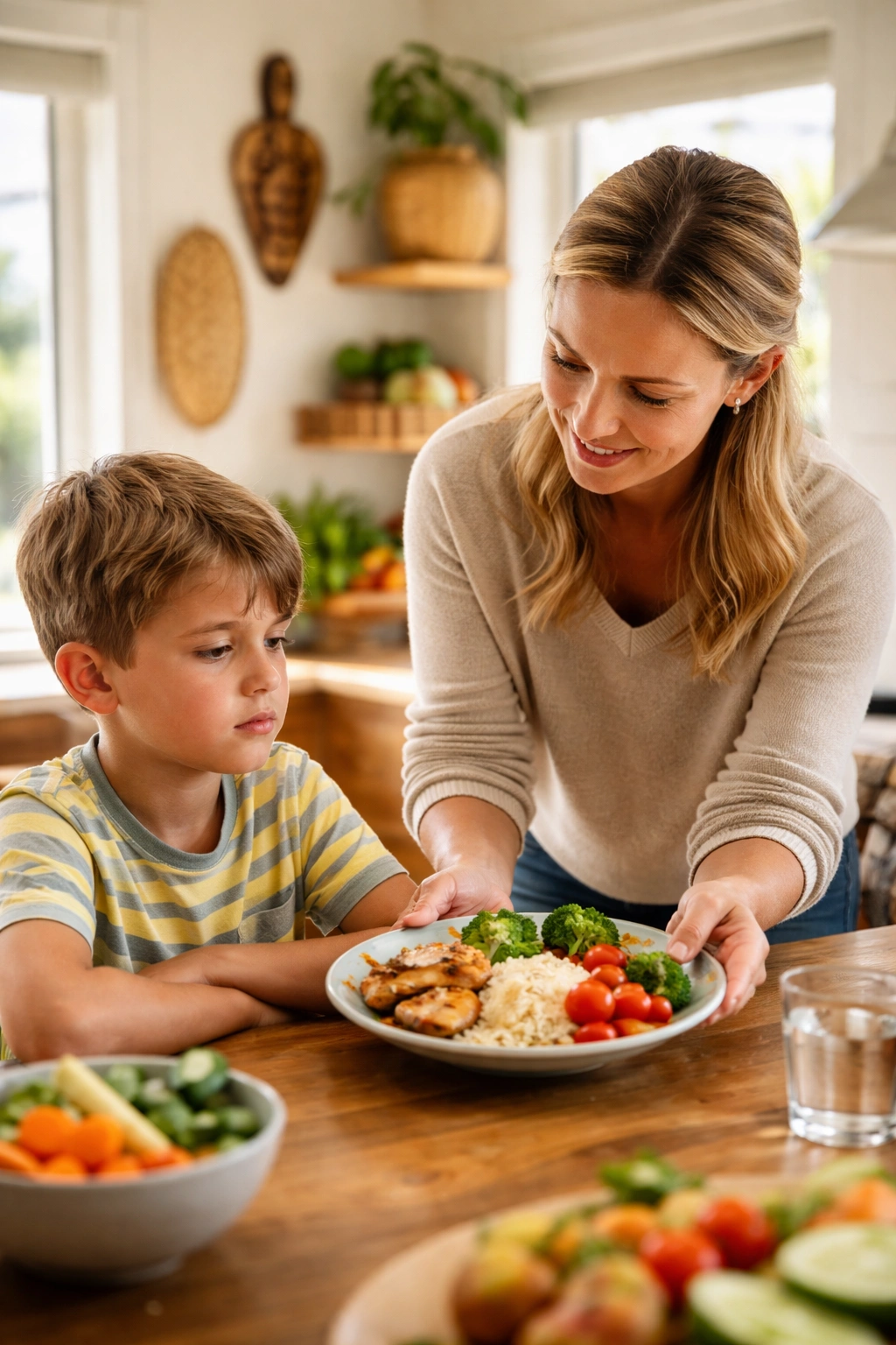 Parent offering varied textures on a plate to a hesitant child in a New Zealand kitchen