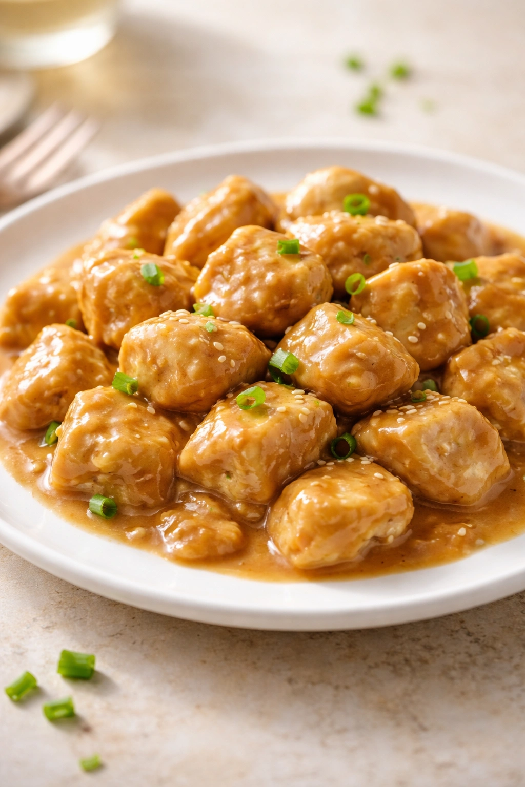 Close-up of bite-sized peanut butter chicken on a white plate.